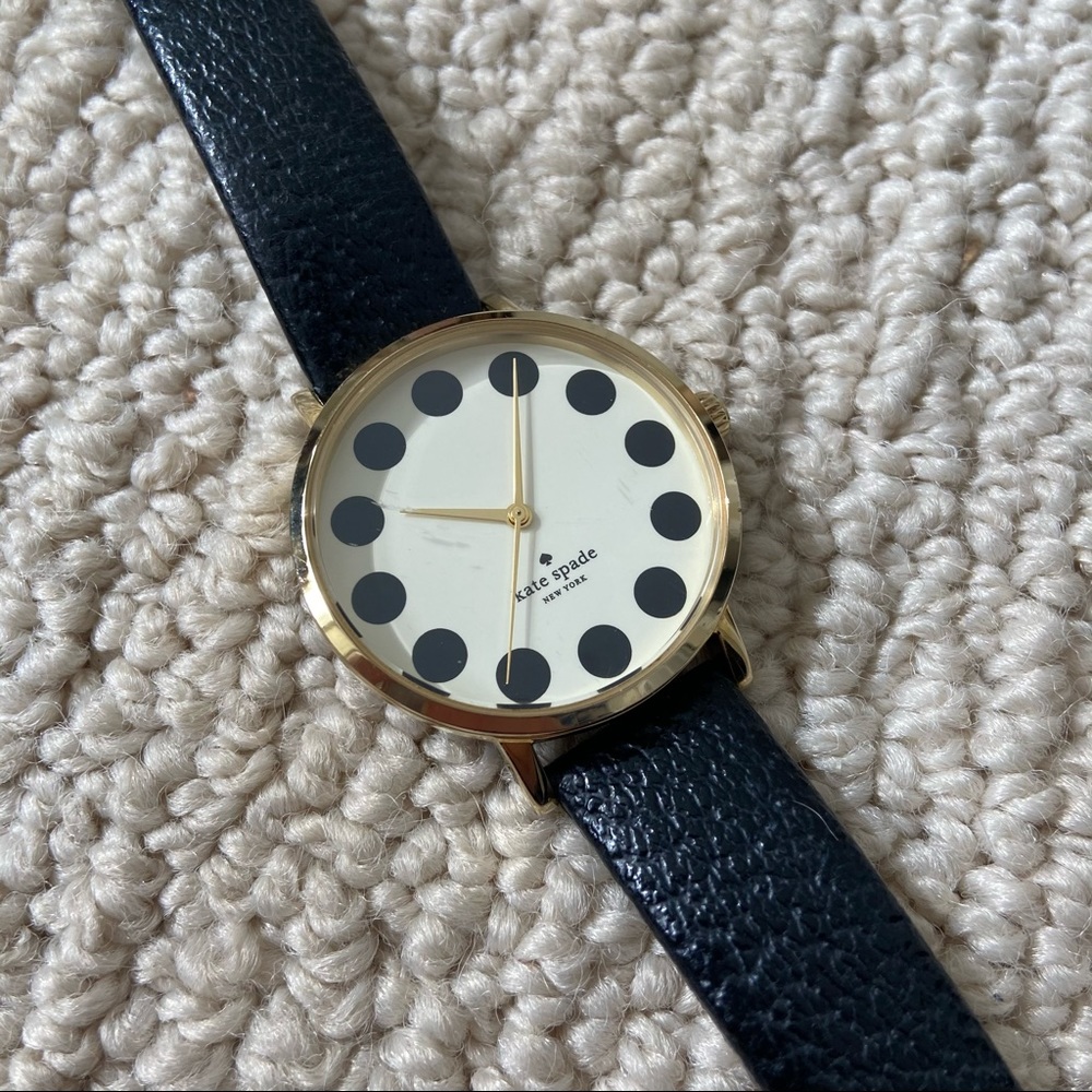 Kate Spade Polka Dot Gold Watch Black Leather Band